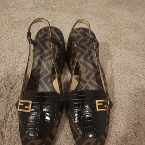 Fendi Black and Brown Heels with Gold Accent